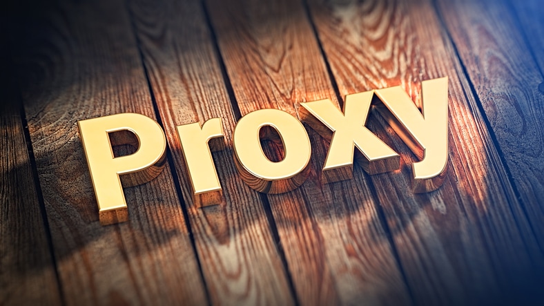 Proxy servers list header. The word "Proxy" is lined with gold letters on wooden planks. 3D illustration pic