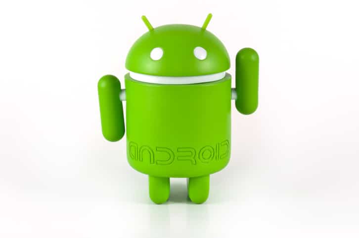 Google Android mascot shot on white, frontal view, greeting."