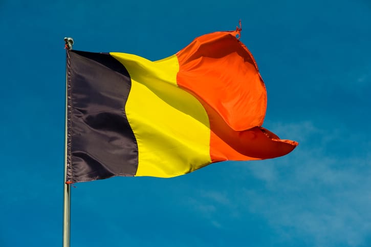 belgian flag on a pole against blue sky